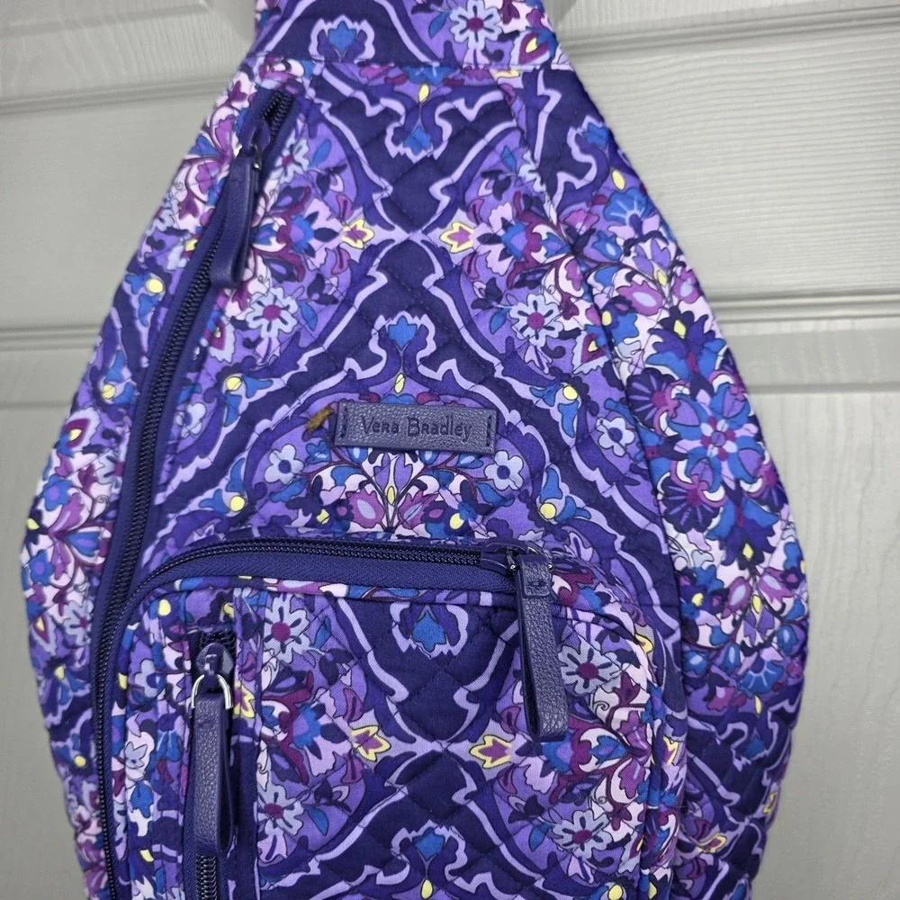NWOT Vera Bradley Plaid Sling Backpack Purple Plum Paisley Adjustable Strap